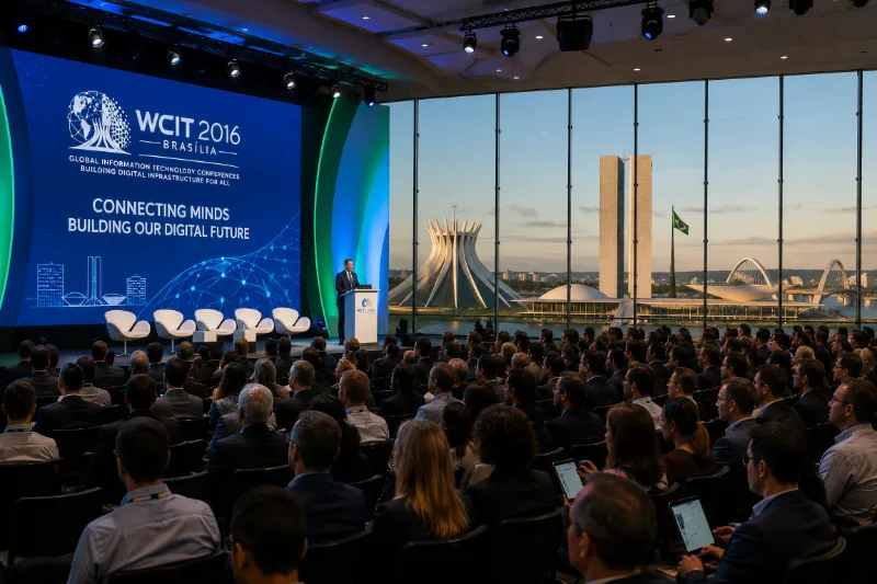 Technology conference audience inside a modern venue in Brasília