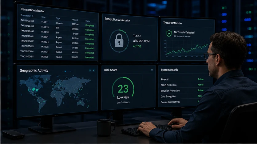 Cybersecurity analyst reviewing encrypted casino gaming transactions on multiple dashboard screens