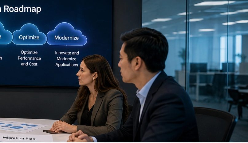 Business and technology leaders planning cloud migration and infrastructure modernization at a workshop table