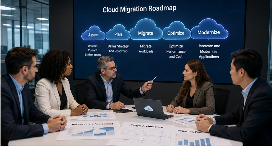 Business and technology leaders planning cloud migration and infrastructure modernization at a workshop table