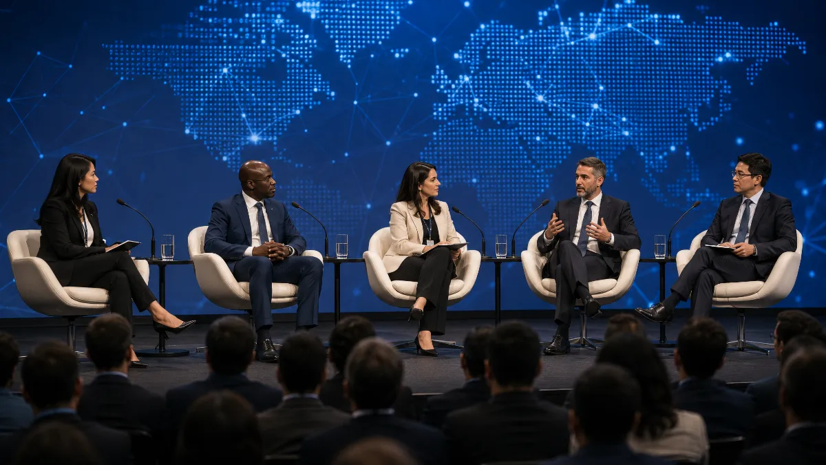 International technology panel with speakers seated on stage in front of microphones