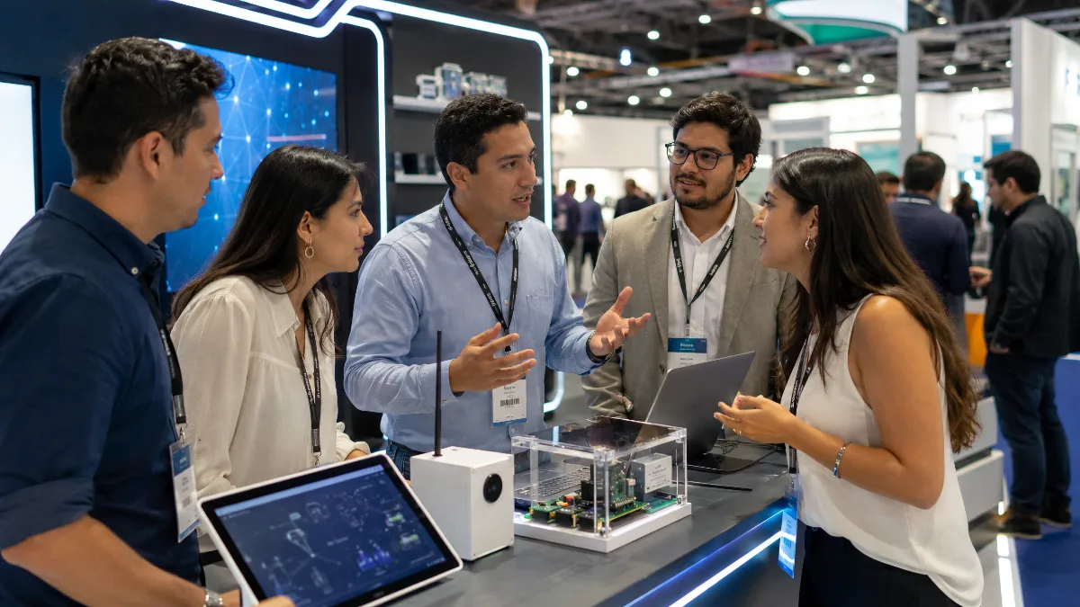 Group of Latin American startup founders discussing a product demo at a technology exhibition booth