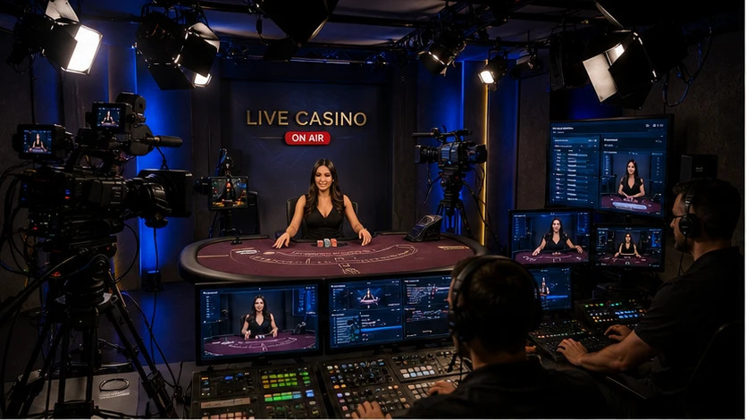 Live casino streaming studio with cameras lights monitors and network equipment