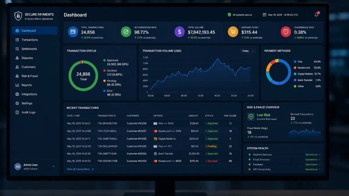 Computer monitor showing a secure payment processing dashboard with transaction status panels