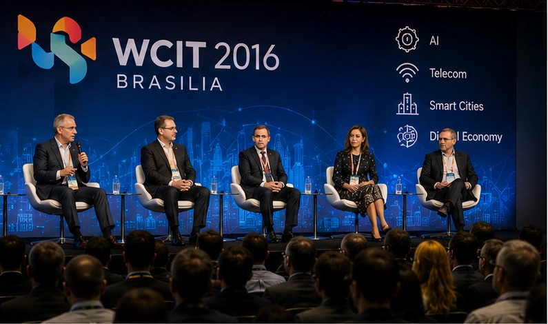 WCIT 2016 Brasilia speaker panel discussing AI, telecom, smart cities, and digital economy topics