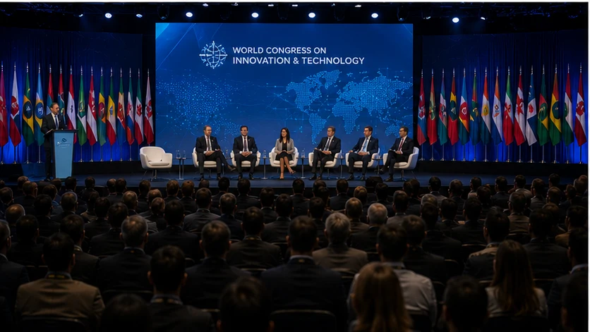 International technology congress stage with speakers flags and a seated audience